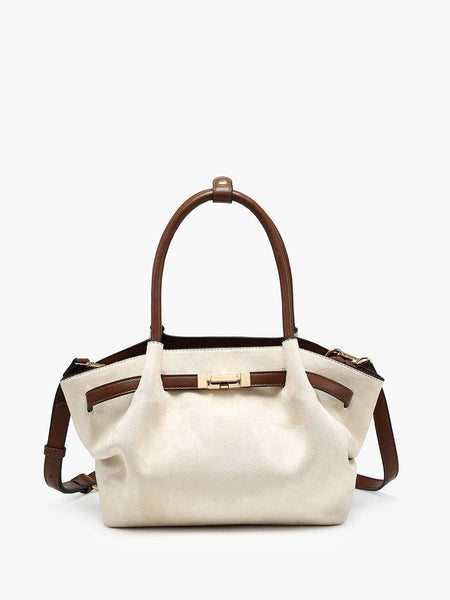 Lucia Faux Suede Satchel - Off White/Brown