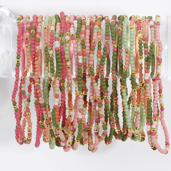 Assorted 2mm Stretch Seed Bead Bracelets: Pink/Peach/Green