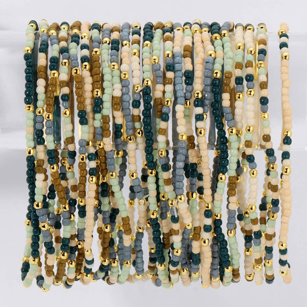 Assorted 2mm Stretch Seed Bead Bracelets: Olive Brown/Ivory/Blue