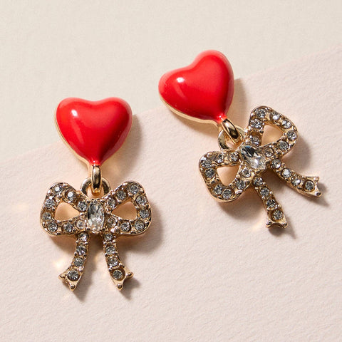 Heart & Bow Rhinestone Stud Earrings