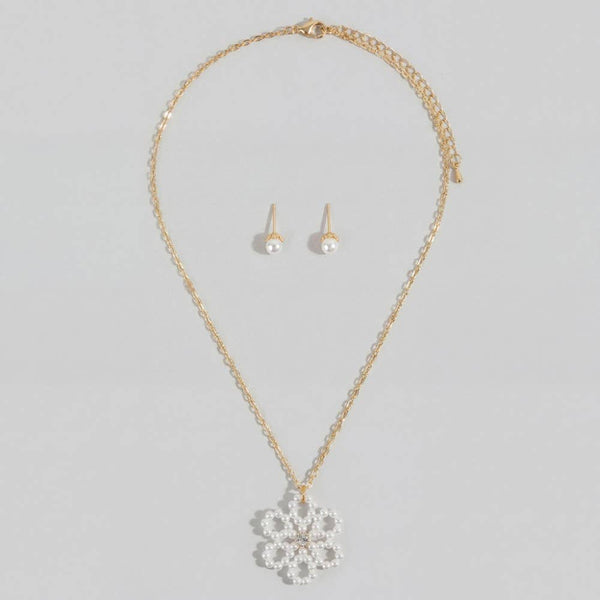 Pearl Flower Pendant Chain Necklace Set