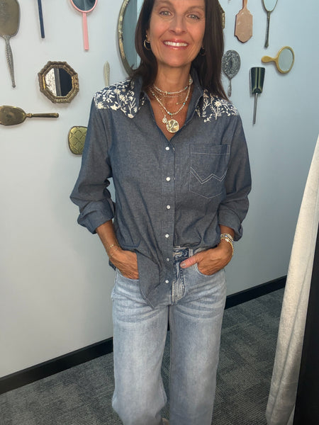 Floral Embroidered Button UP