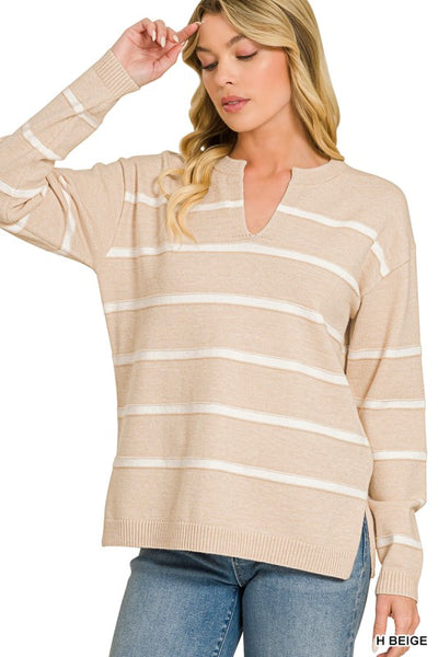 Split Neck Striped Sweater