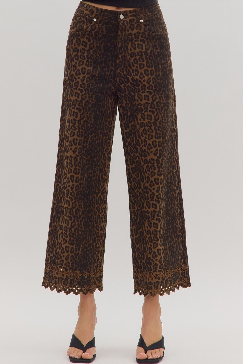 Leopard Embroidered Hem Pants