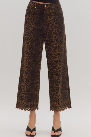 Leopard Embroidered Hem Pants