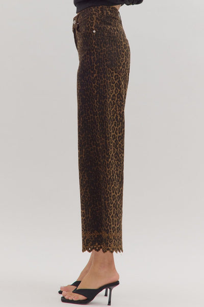 Leopard Embroidered Hem Pants