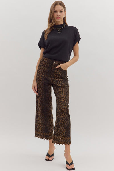 Leopard Embroidered Hem Pants