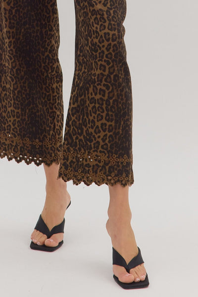 Leopard Embroidered Hem Pants