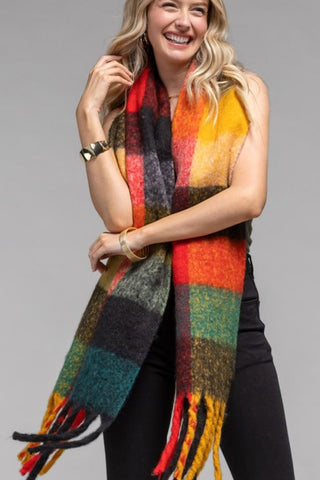 Plaid Oblong Scarf - Neon Orange/Teal