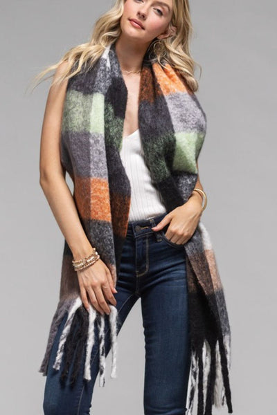 Plaid Oblong Scarf - Black/Taupe