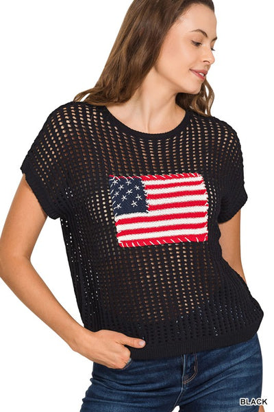 American Flag Open Knit Top - Black