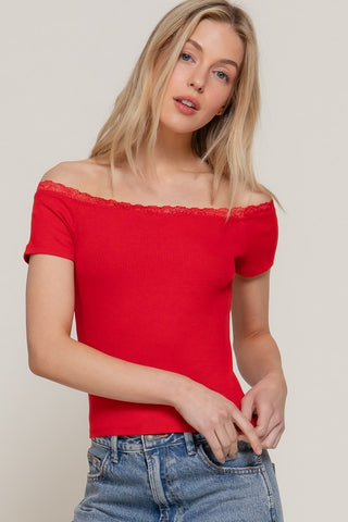 Off the Shoulder Lace Trim Top-Red