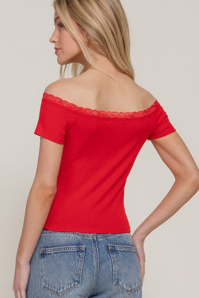 Off the Shoulder Lace Trim Top-Red