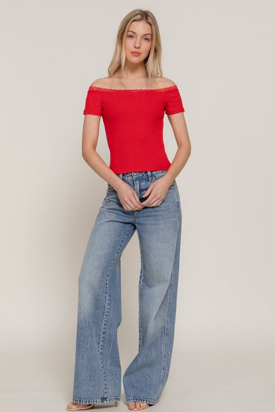 Off the Shoulder Lace Trim Top-Red