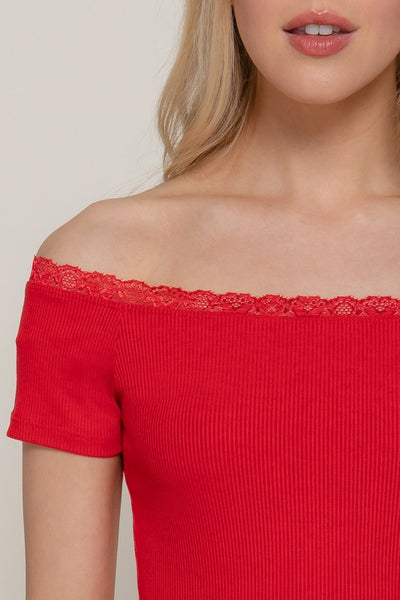 Off the Shoulder Lace Trim Top-Red