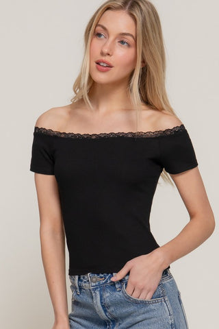 Off the Shoulder Lace Trim Top-Black