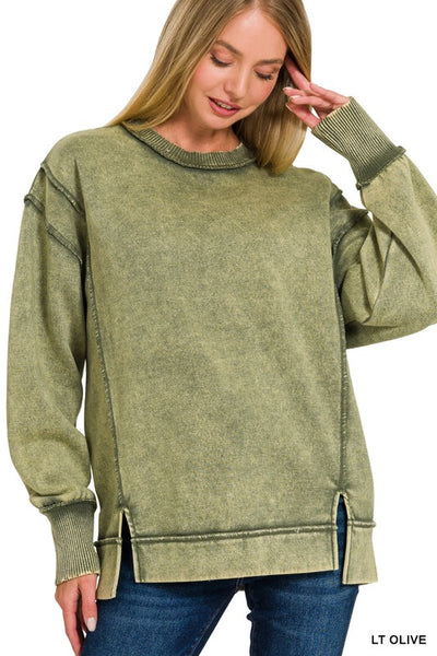 Acid Washed Pullover-Light Olive