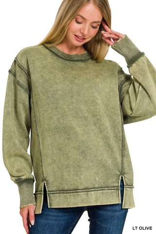 Acid Washed Pullover-Light Olive
