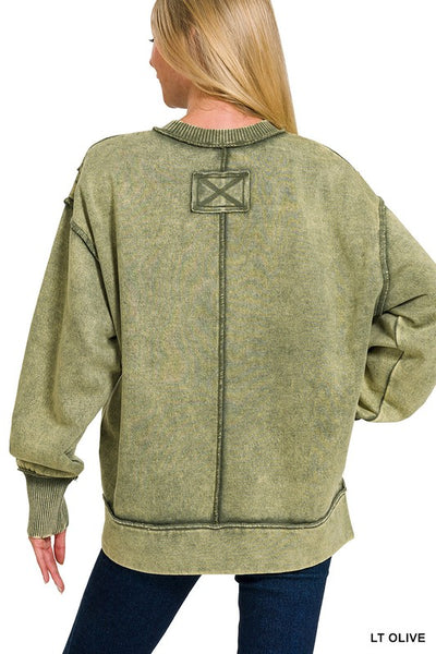Acid Washed Pullover-Light Olive