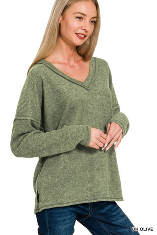 Ribbed V-Neck Top - Olive
