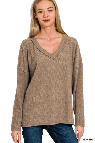 Ribbed V-Neck Top - Mocha