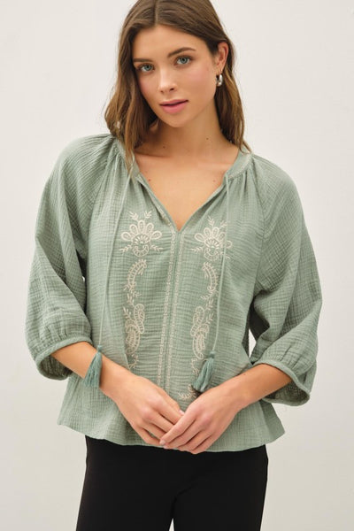 Embroidered Gauze Top - Jade