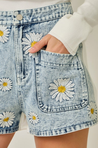 Embroidered Daisy Shorts