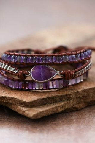 Leather and Bead Wrap Bracelet - Amethyst