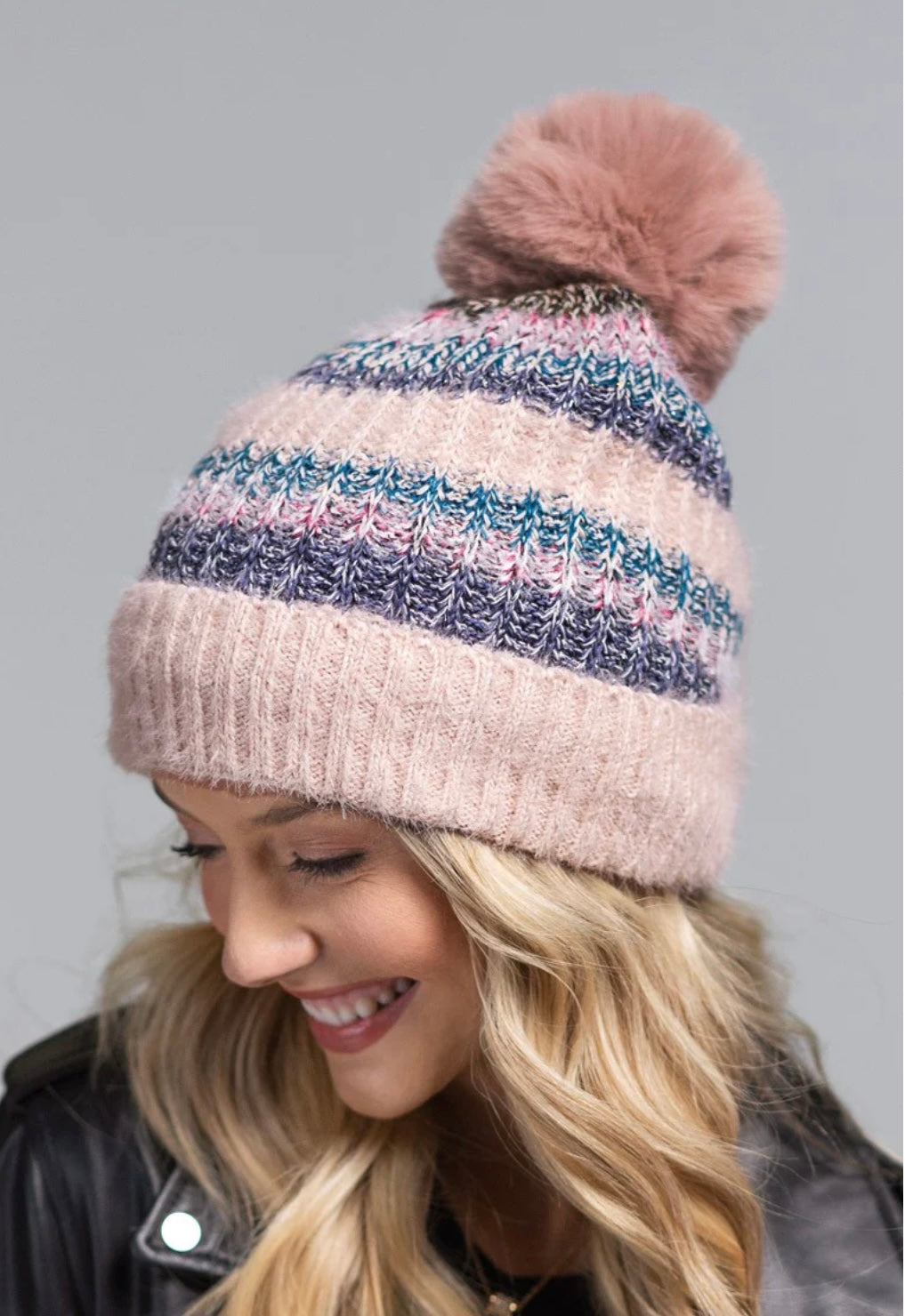 Striped Pom Pom Beanie