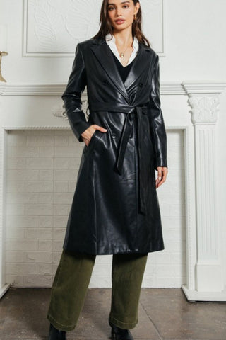 Faux Leather Belted Coat