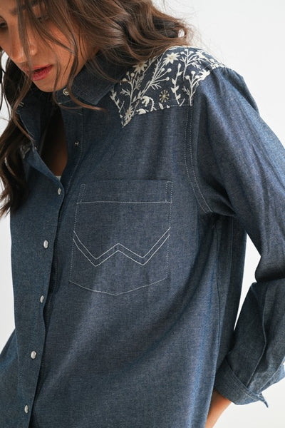 Floral Embroidered Button UP