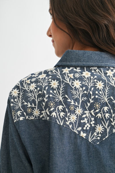 Floral Embroidered Button UP