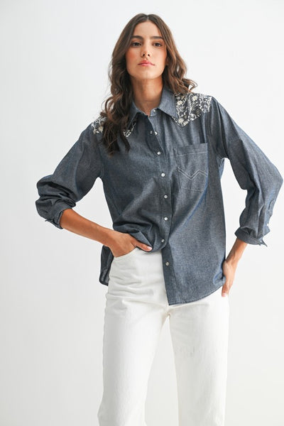 Floral Embroidered Button UP