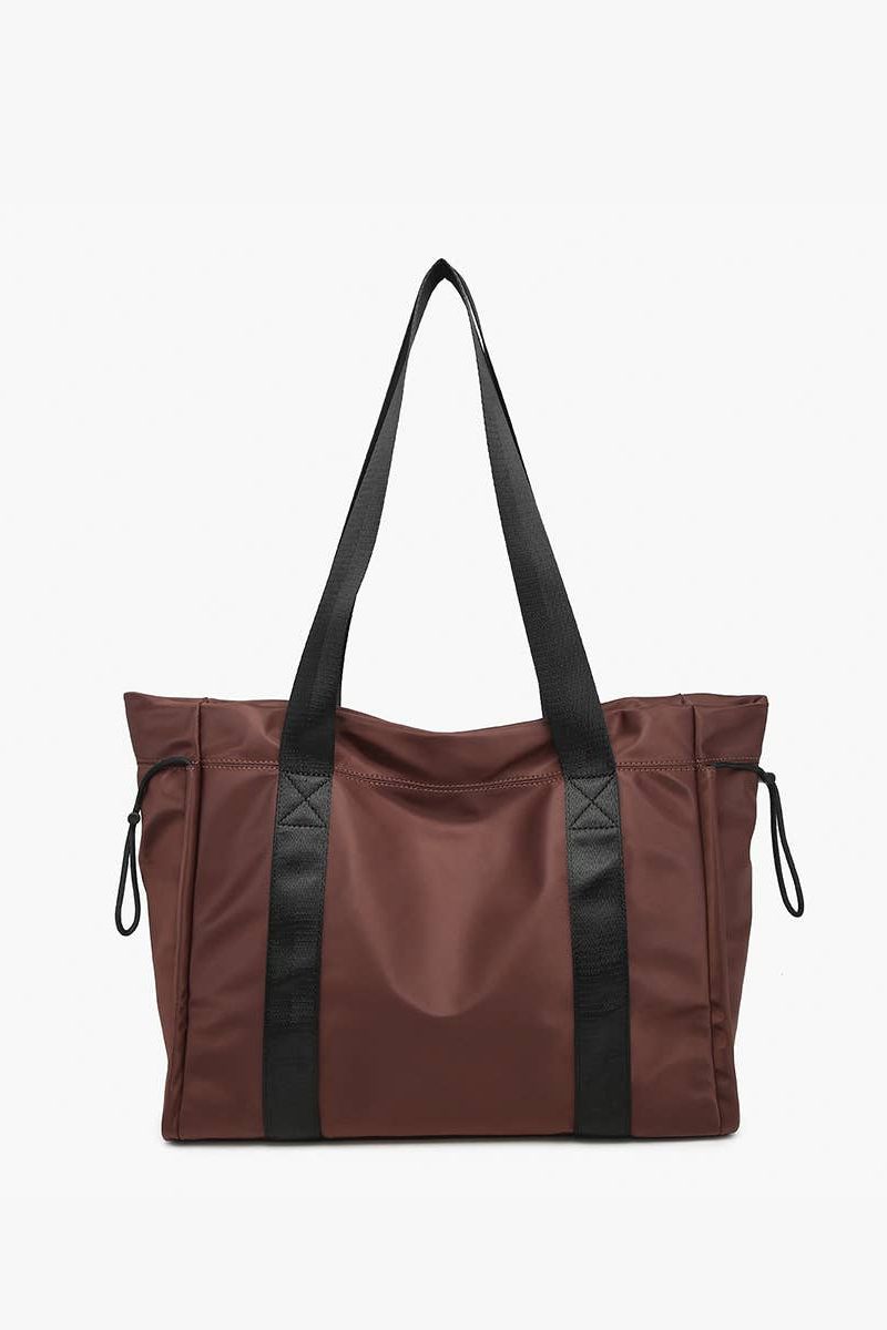 Lydia Drawstring Nylon Tote w/ Contrast Handle: Chocolate