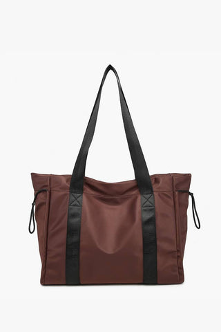 Lydia Drawstring Nylon Tote w/ Contrast Handle: Chocolate