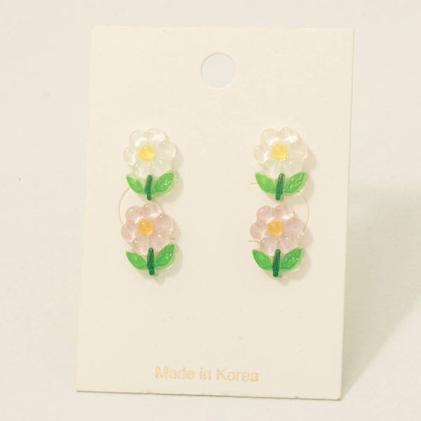 Pink And White Acrylic Flower Stud Earrings