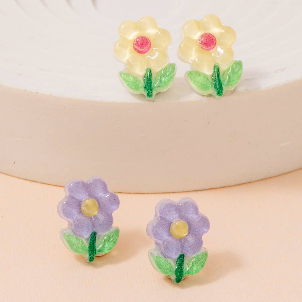 Purple And Yellow Flower Stud Earrings